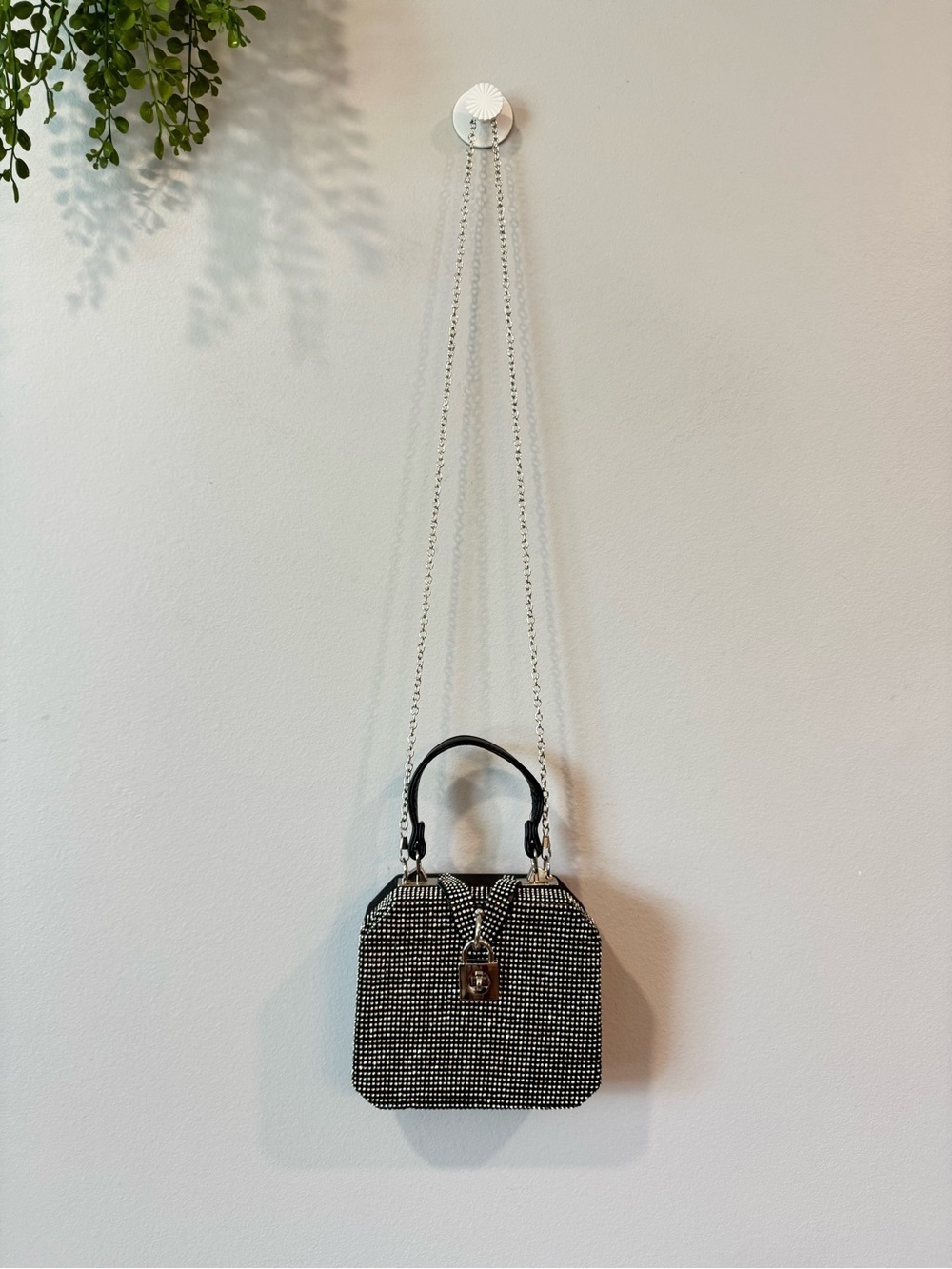 Women's Black Rhinestone Top-Handle Bag with Chain Strap